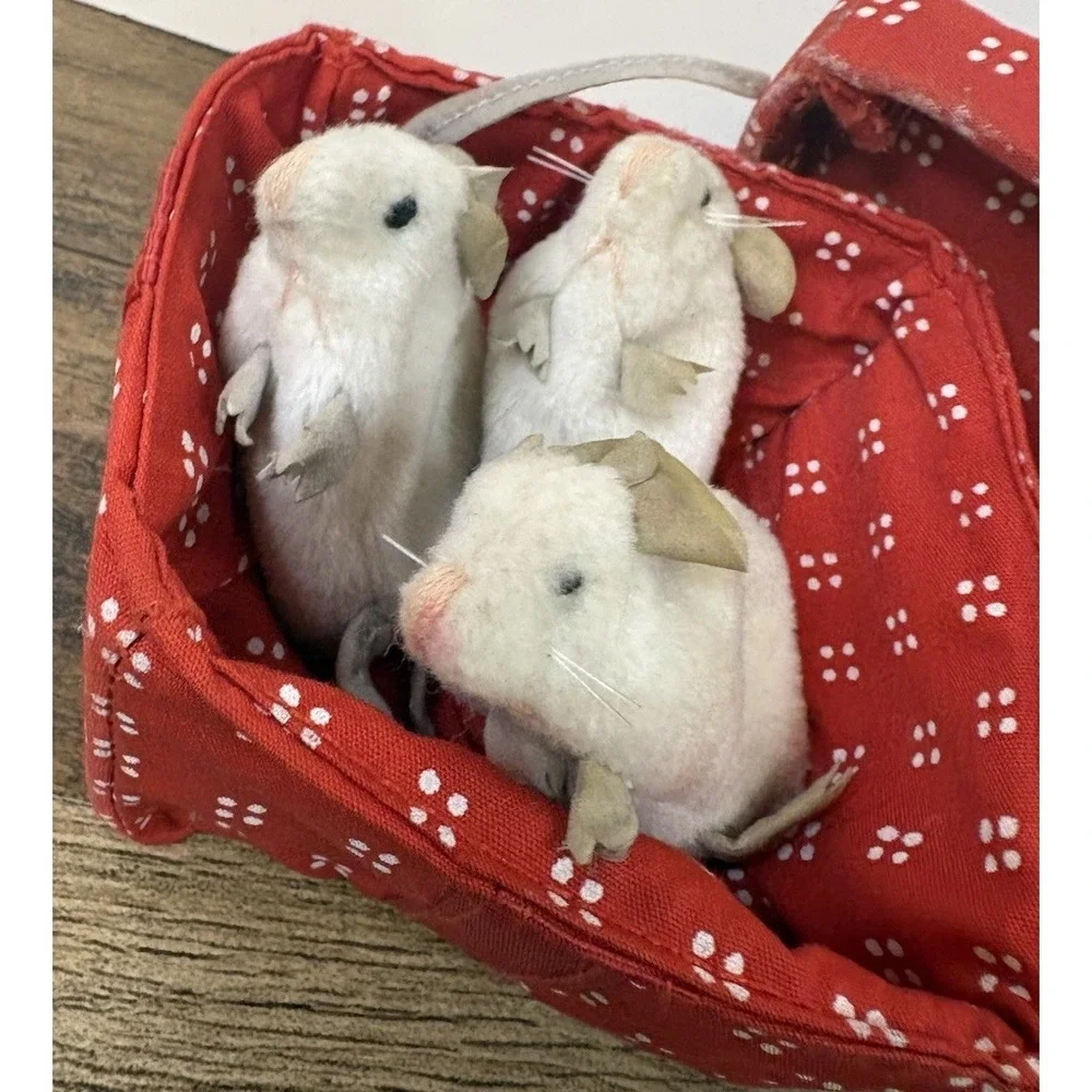 Folkmanis Finger Puppets 3 White Mice In a Red Gift Box Mouse Tags